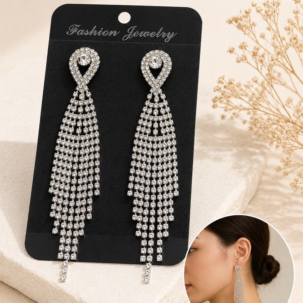 Silver Rhinestone Tassel Chandelier Dangle Earrings Glam Statement formal